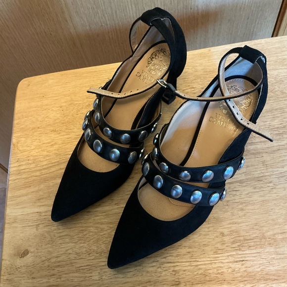 Vince CAMUTO KRELLEN black leather high heels with silver studs, ankle strap, 7M - Picture 2 of 9